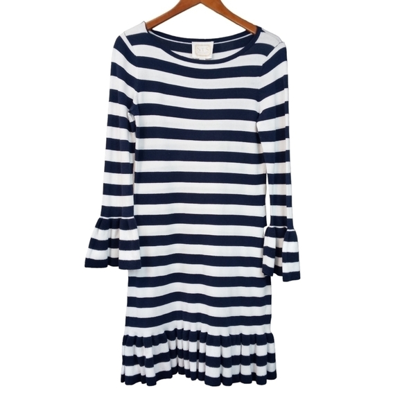 Sail to Sable Nautical Blue Striped Cotton Dress, Boat Neck, Ruffle Hem Size XS - Picture 2 of 10
